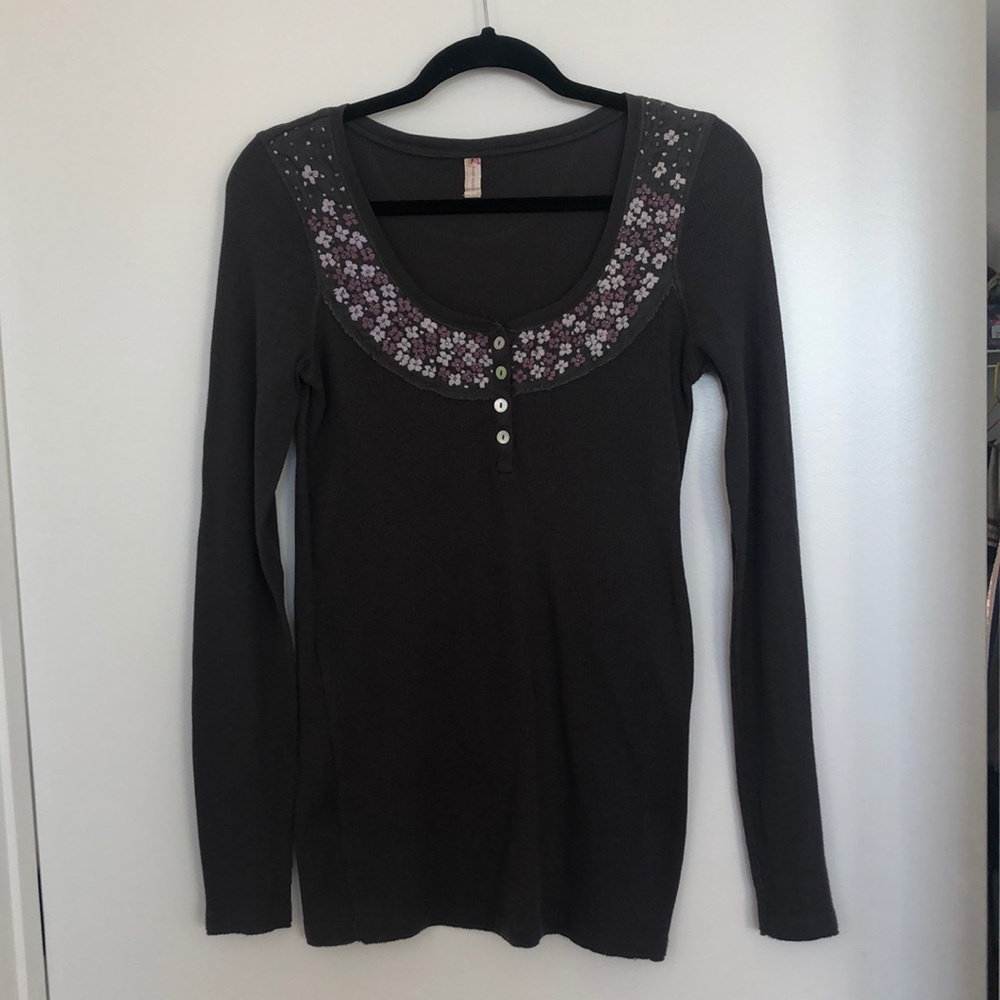 Free People Embroidered Henley Top